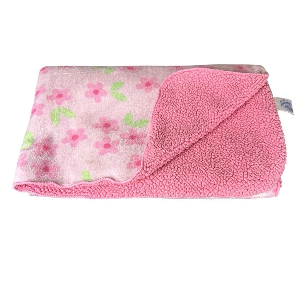 Carters Child of Mine Pink Green Flowers Baby Blanket sherpa back